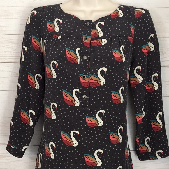 Fossil Sz Small Silk Swan Dress Brown, White, teal - Picture 2 of 10